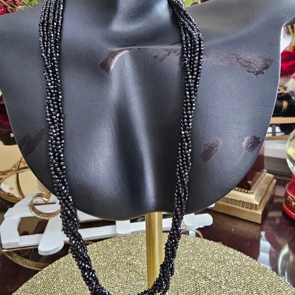 Black Spinel Rhodium Over Silver Multi-Strand Beaded Necklace